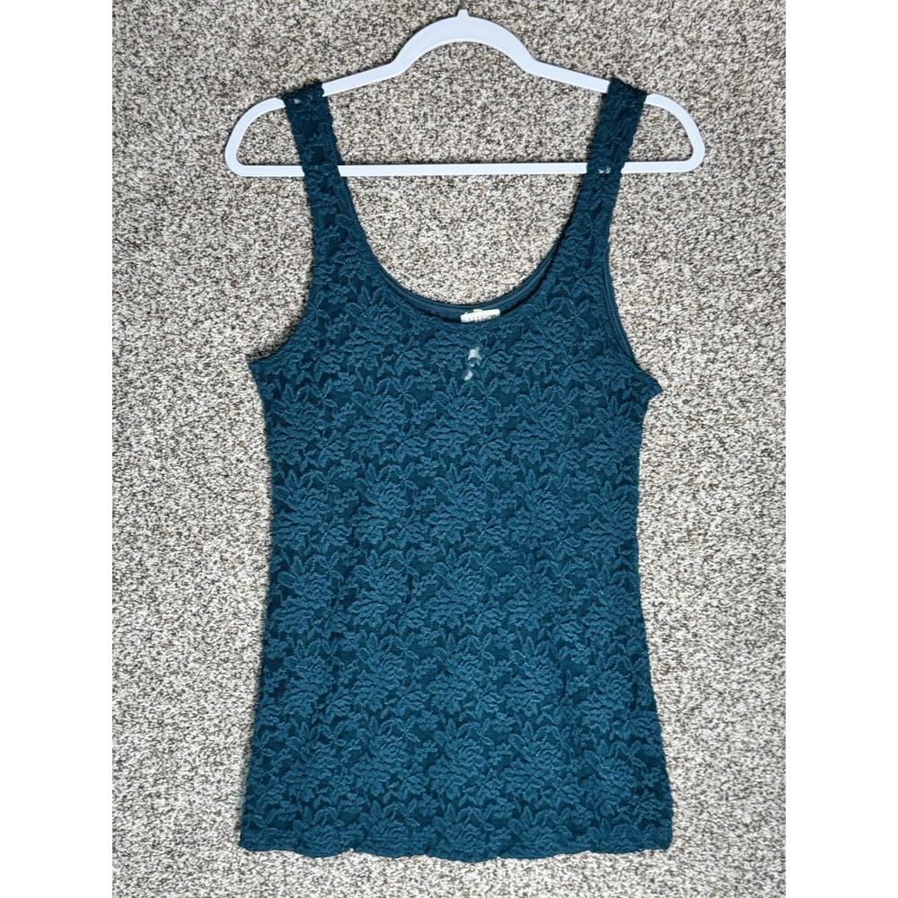 Vtg Y2K Green Lace Sheer Floral Tank Top Sz L Romantic Boho Fairycore Layering